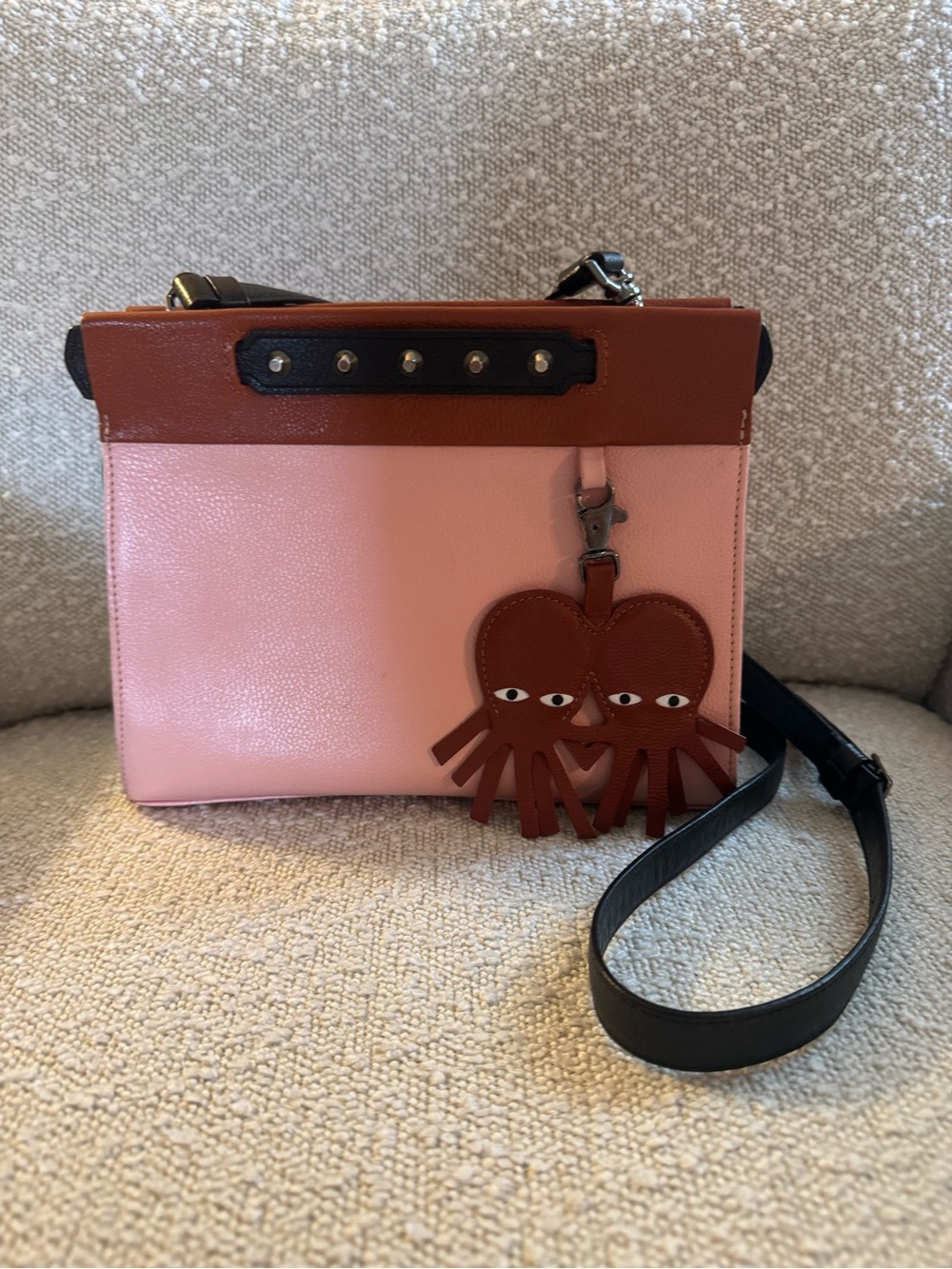 Min & Mon Pink and Brown Leather Crossbody with Octopus Heart Charm
